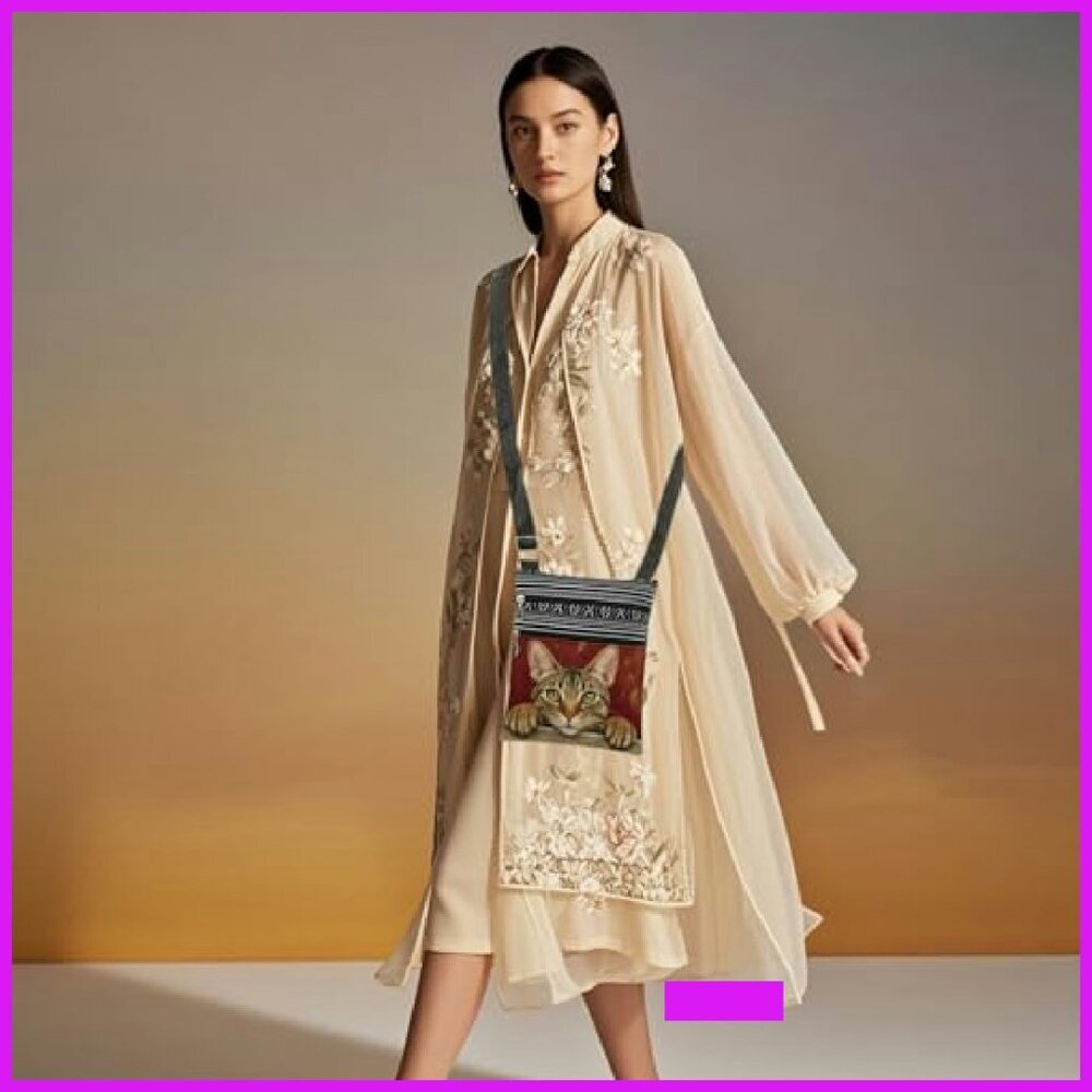 Adjustable Strap Crossbody Bag Minimal Chic Cat Print Dual Compartments - Picture 3 of 8